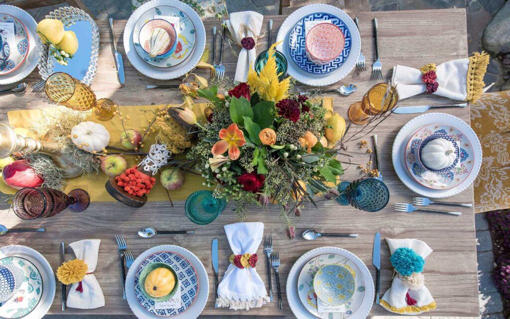 Anthropologie Boho Wedding table and floral arrangement