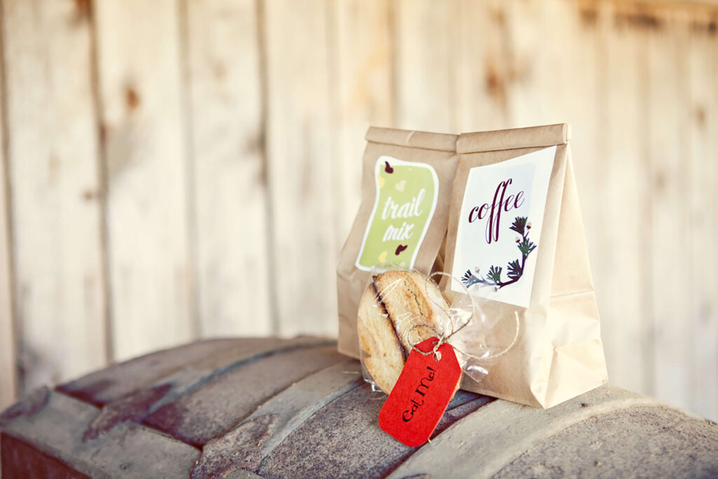 Guests of Leigha and Kile's Log Cabin Weekend Wedding were given coffee and homemade biscotti.