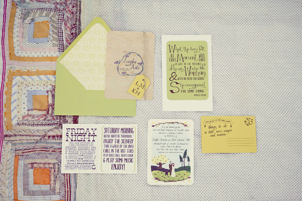 Leigha and Kile’s wedding invitation suite featuring a hand-drawn fall leaf wreath on birdseye maple veneer paper.
