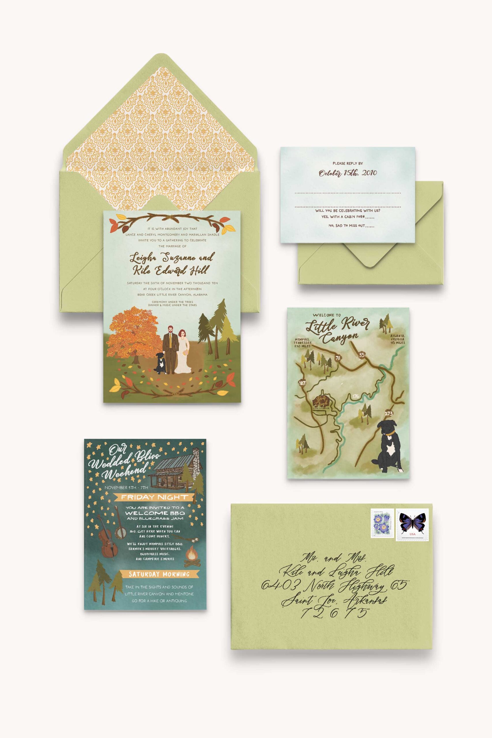 The updated Log Cabin Weekend Wedding Invitation suite featuring refined hand-lettering and a new oak tree illustration.